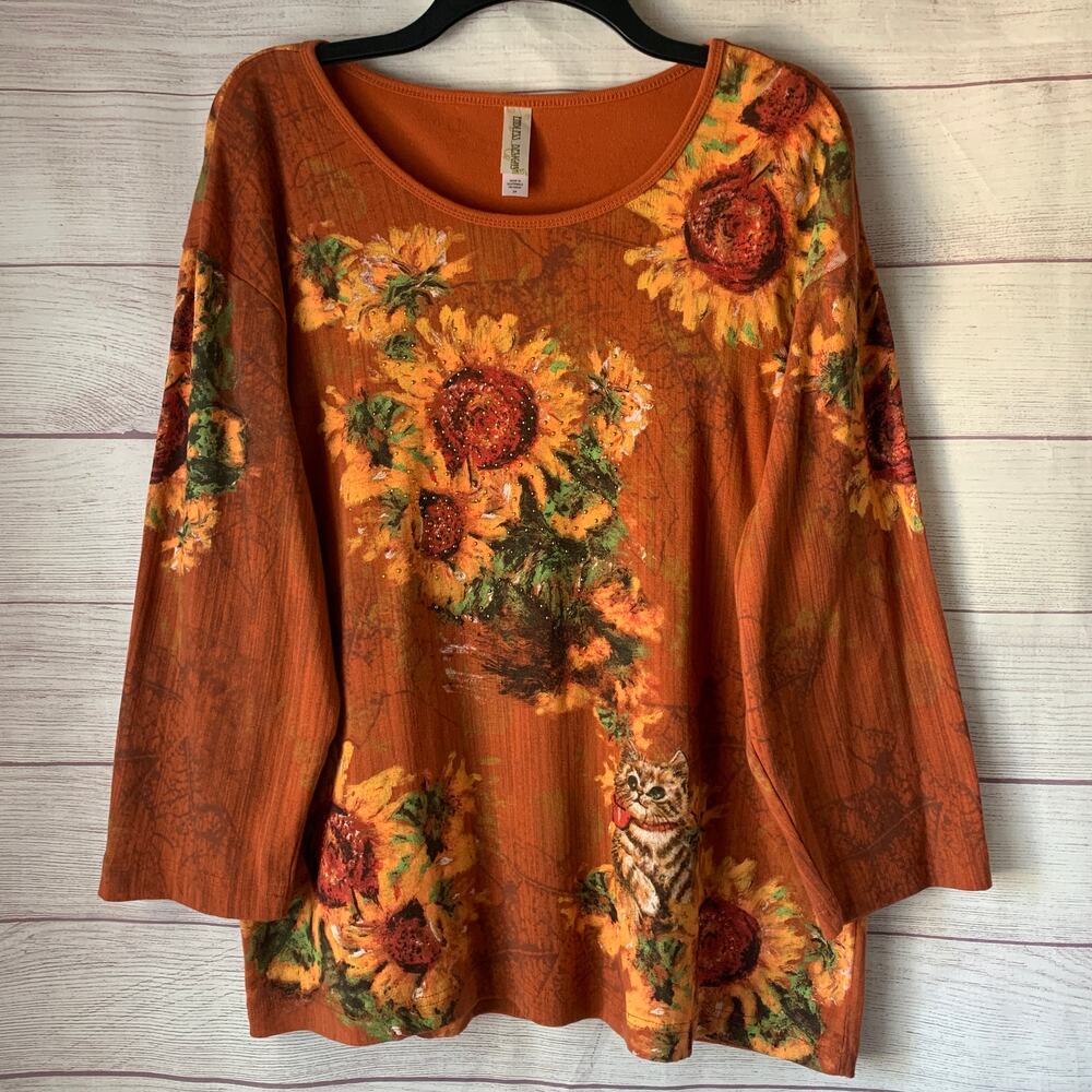 Vintage Endless Designs Autumn Sunflower Cat Shirt Burnt Orange Fall Top Size 2X